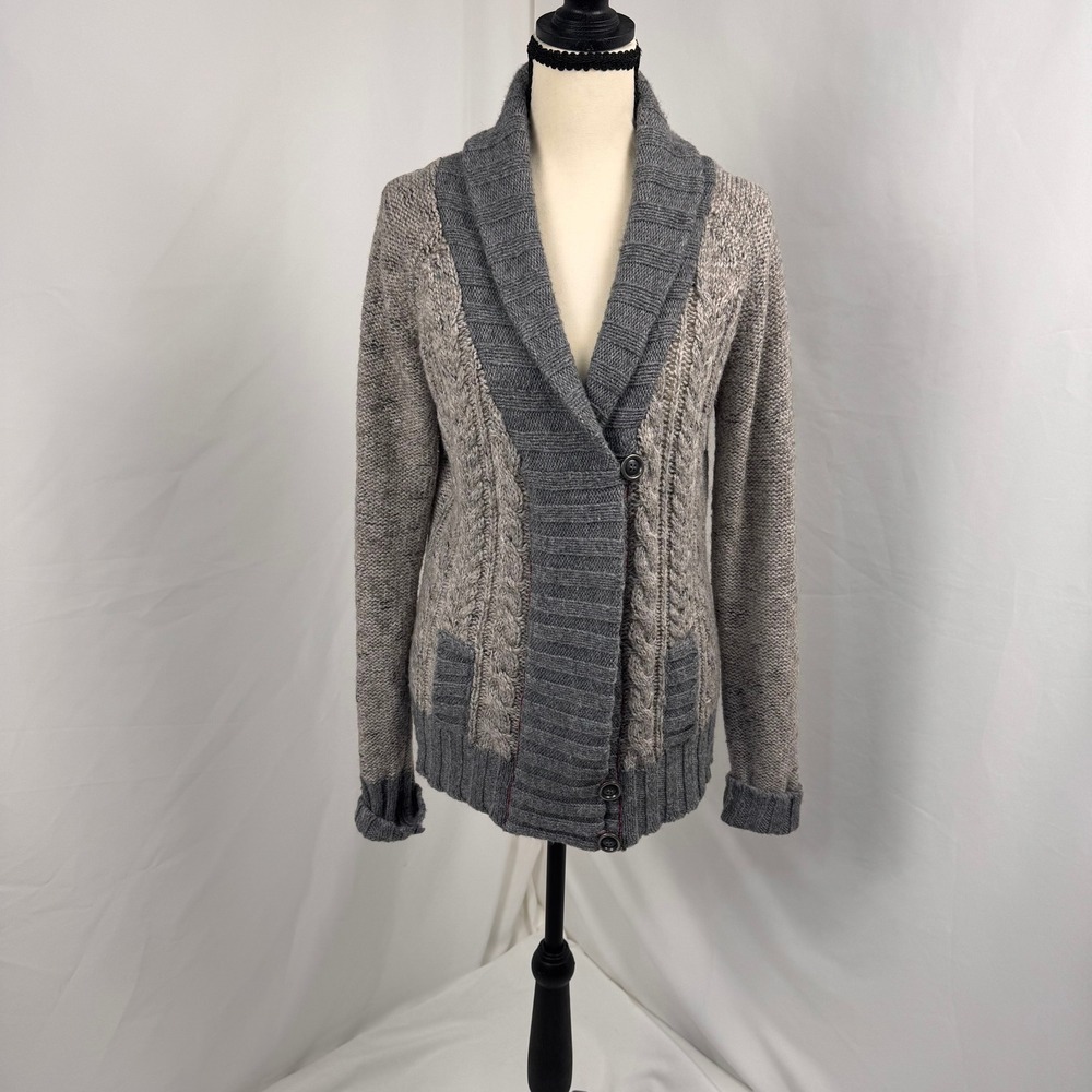 BKE Cardigan Sweater Women L Grey Wool Alpaca OtherBlend Shawl Collar Cable Knit